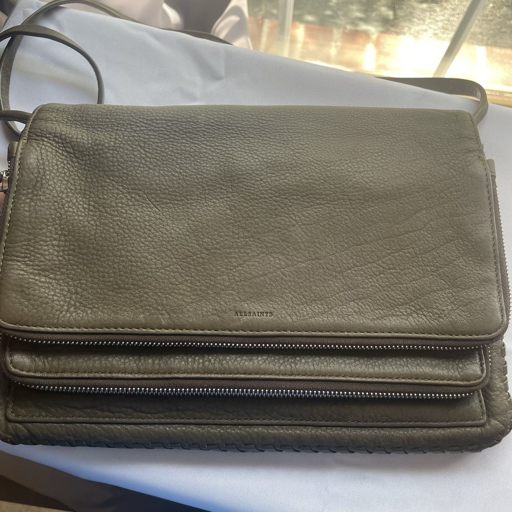 ALL SAINTS MINK GREY GREEN CROSSBODY LARGE CLUTCH HANDBAG COMPARTMENT BAG PURSE
